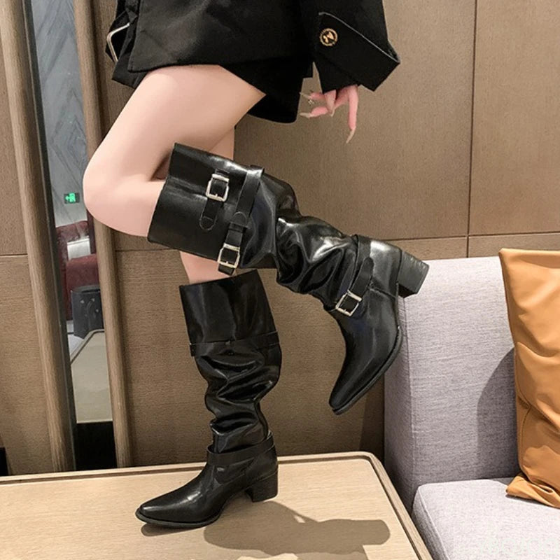 Spring and Autumn Fashion New Pointed Cowboy Coarse Heel Stacked Boots New Style No Knee Large Barrel Giroud Women's Boots