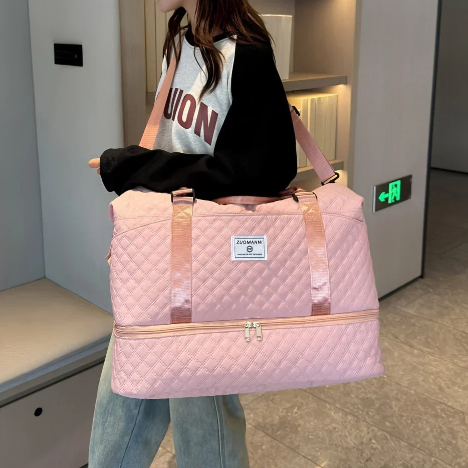 2pcs Set Large Capacity Travel Duffel Bag with Shoe Compartment and Cosmetic Pouch, Casual Nylon Gym Bag, Weekend Overnight Bag