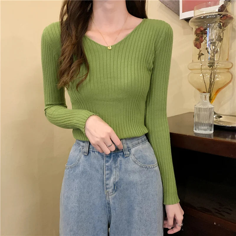 2026 Fashion Casual Long Sleeve Knitted Sweaters Korean Autumn Winter V Neck Sweater Solid Color Slim Pullovers Women Clothes