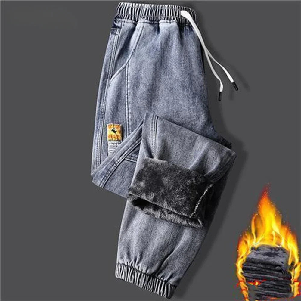 2023New Men's jeans Winter Fleece Jeans Thick Warm Denim Pants Men Streetwear Black Joggers Harem Jean Thermal Trousers