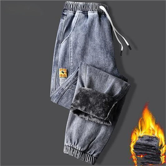 2023New Men's jeans Winter Fleece Jeans Thick Warm Denim Pants Men Streetwear Black Joggers Harem Jean Thermal Trousers