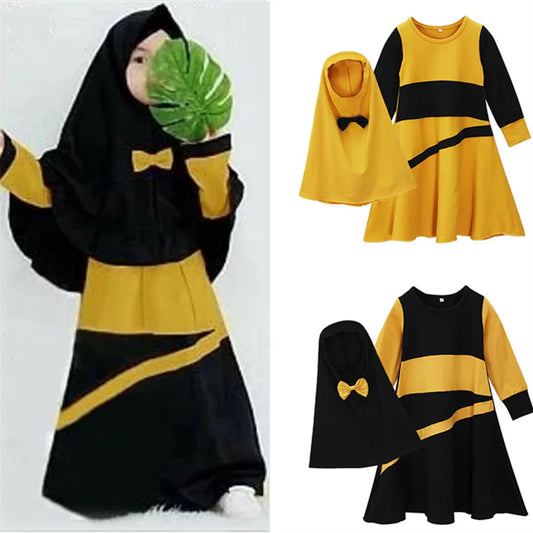 Patchwork Muslim Children 2 Pcs Prayer Dress Girls Hijab Abaya Ramadan Sets Arab Kids Headscarf Long Robe Islamic Kaftan Gown