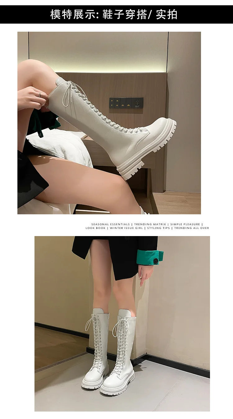 Long boots for women  spring 2025 new white thick soled long boots with thick legs and high waisted straps