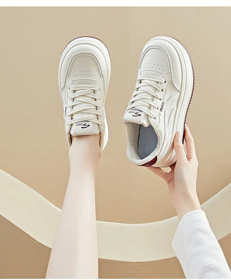 Women's White Shoes2025Autumn New Thick-Soled Platform Shoes Leather Surface All-Season Casual Sports Shoes for Women