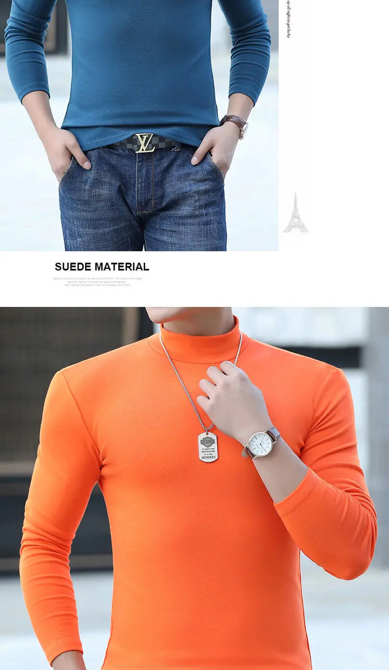 Fashion Men's Oversize High Collar Long Sleeves Autumn Winter Pure Thermal Shirt for Men  Layering Stylish T-Shirt