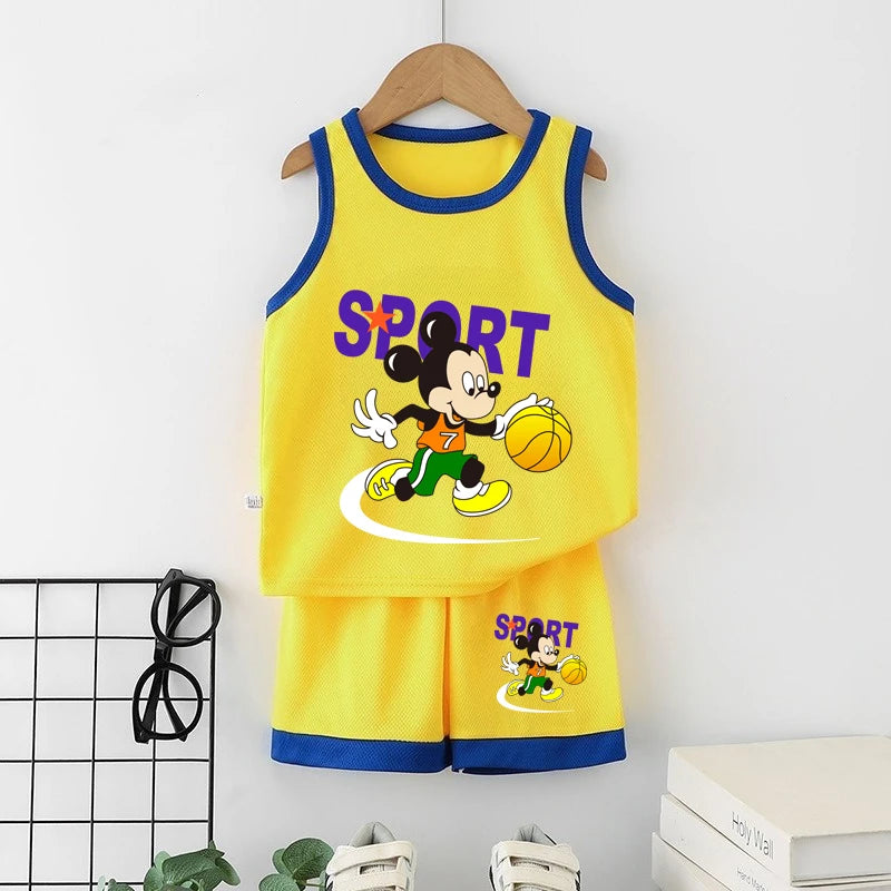 Disney Summer Thin Tracksuits New 2pcs Toddler Boys Fashion Casual Loose Vest Tops+Shorts Kid Cartoon Printed Simple Outfits