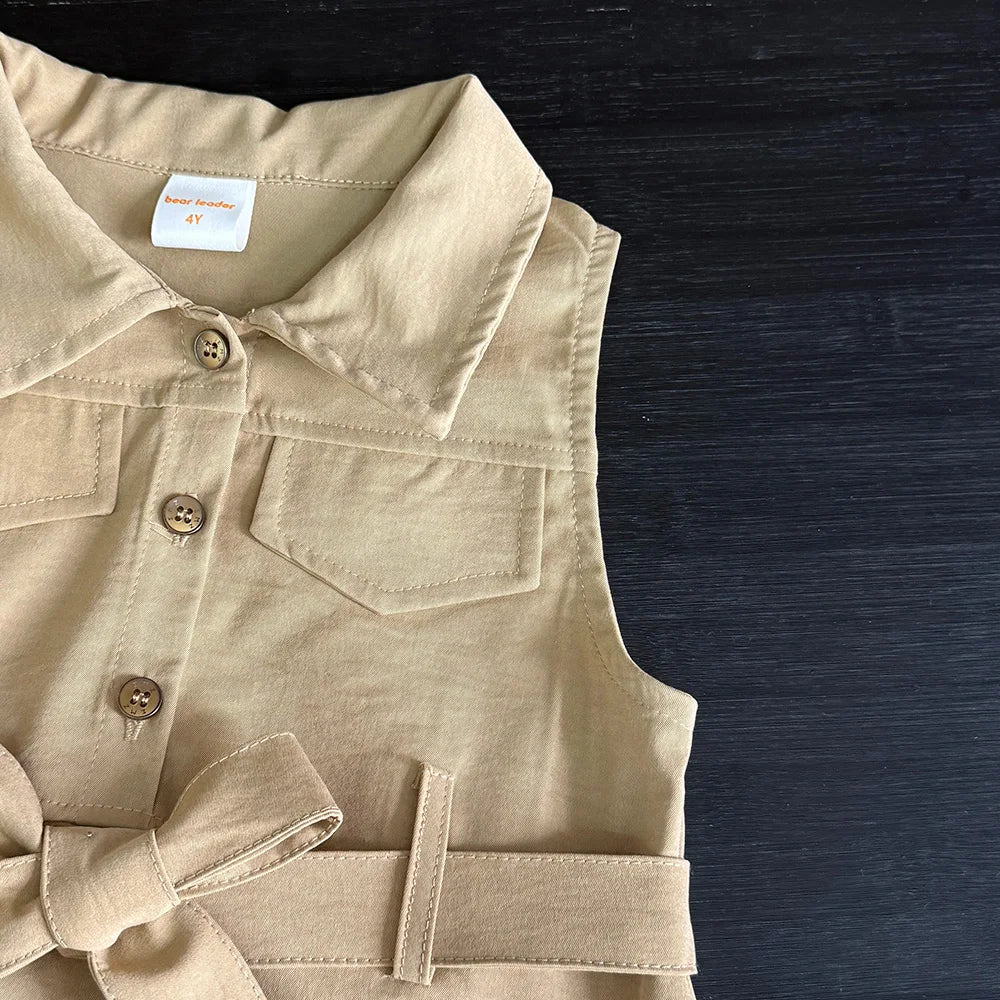 Bear Leader Fashion Girls Windbreak Dresses Summer Sleeveless Work Outfits with Waistband Solid Color Kids Clothes