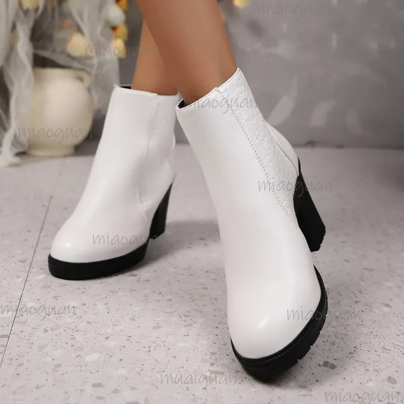 British Style Round Toe High Heel Short Boots for Women Back Zip PU Leather Autumn Winter Ankle Boots Botines Para Mujeres