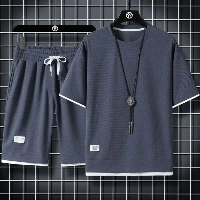 Casual Summer Sports Wear Loose-Fit Men's Suit Korean Trendy Short Sleeves T-shirt 2-Piece Set Lightweight Fashionable Streetwea