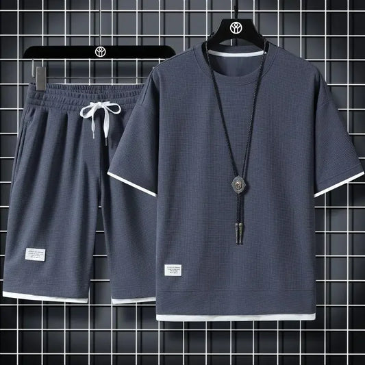 Casual Summer Sports Wear Loose-Fit Men's Suit Korean Trendy Short Sleeves T-shirt 2-Piece Set Lightweight Fashionable Streetwea