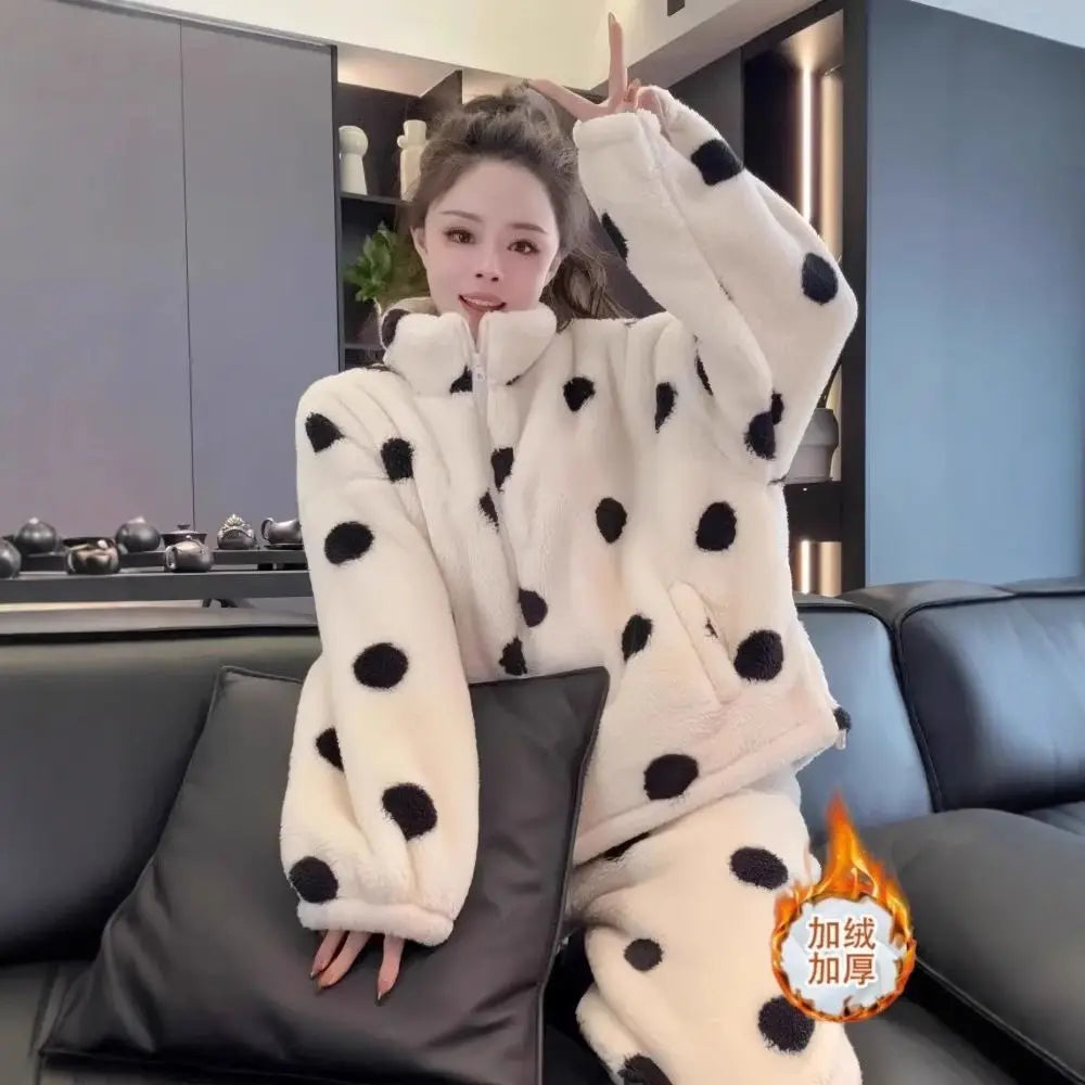 Thickened Flannel Home Set Sleepwear for Women Autumn Winter Style Long Sleeve Long Pants Home Warmth Outdoor Polka Dot Design