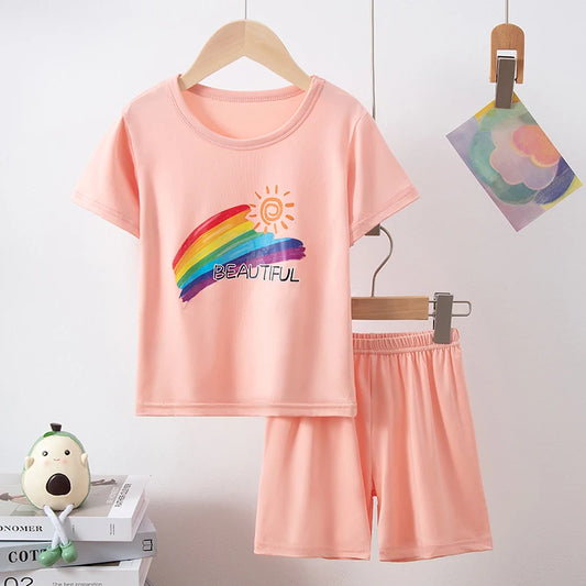2-piece Summer Children's Shorts Short Sleeve Suit Girl Sweet And Lovely Pink Rabbit Coat Boy Handsome Bear Joker Home Clothes