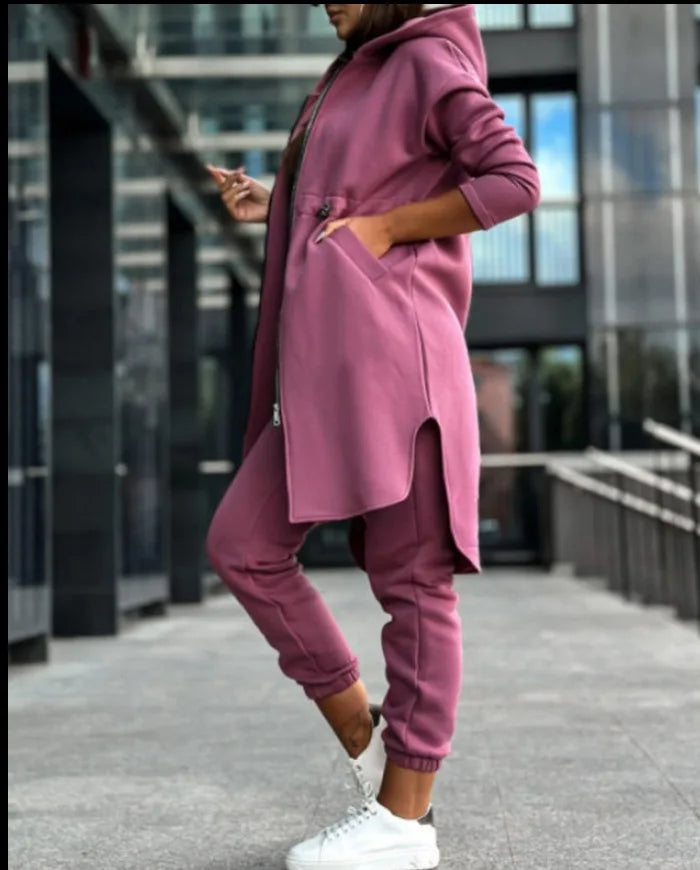 Pant Sets Women Hooded Zipper Long Coats Two Piece Suits Casual Straight Pants Thick Warm Coat Solid Sporty Autumn Winter