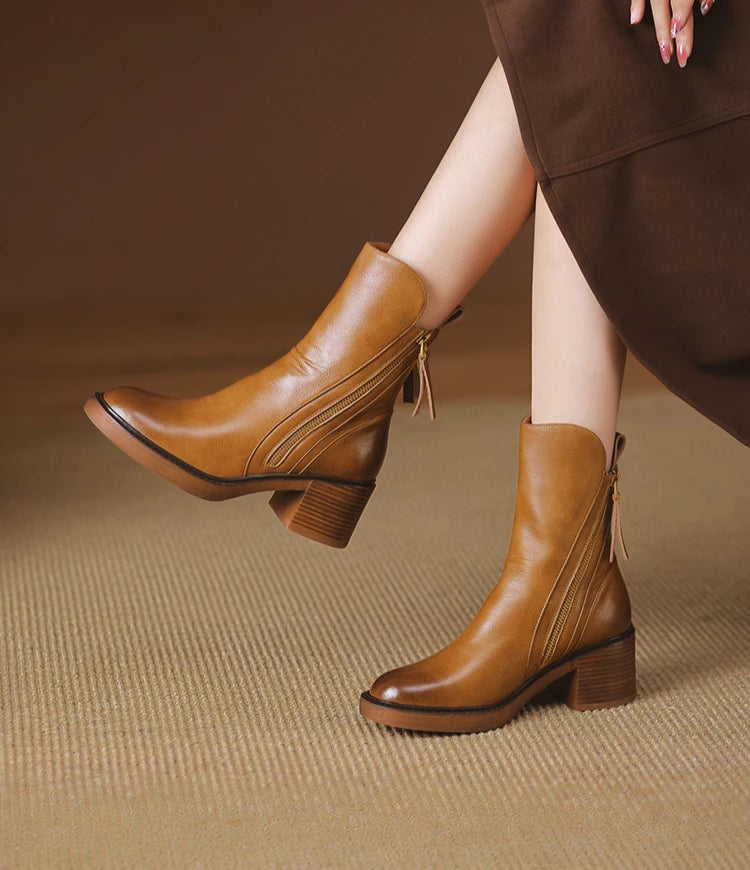 Women's Boots 2025 Spring and Autumn New Chelsea Boots Thick Heel Brown Short Leather Shoes for Women High Heels platform shoes