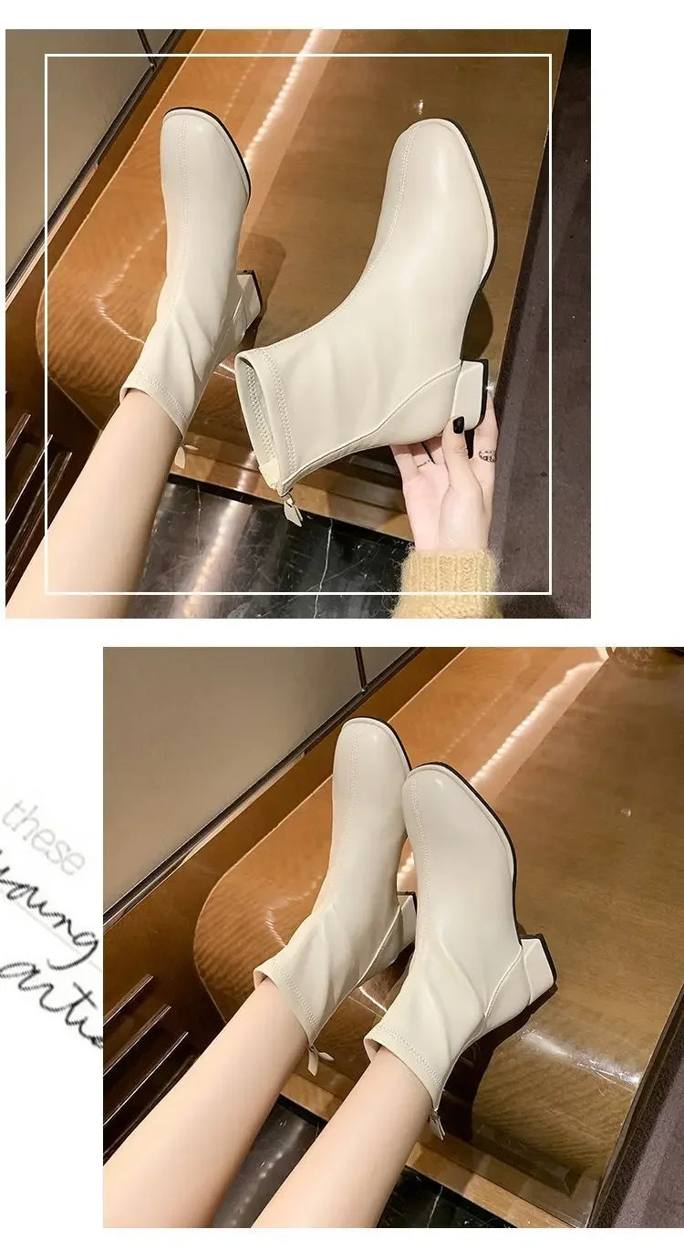 2025 New Elastic Socks Boots Women's Ankle Boots High Heels Thick Heels Square Toe Short Boots Retro Women's Shoes Botas Mujer