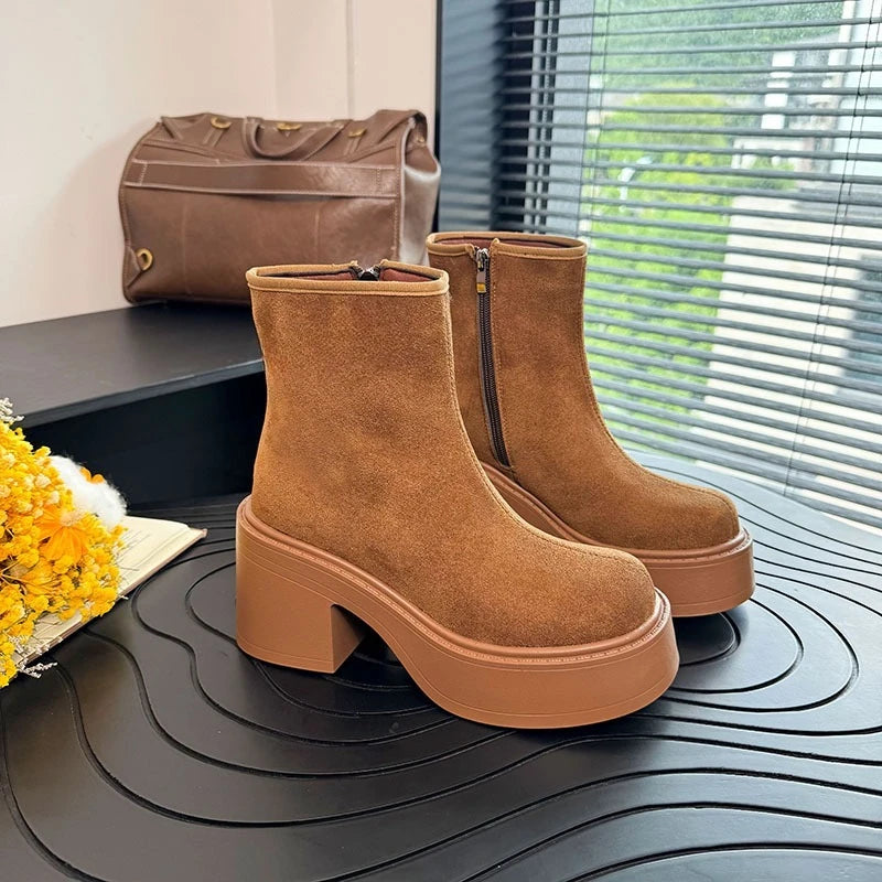 Block Heel Platform Single Boots Autumn New Round Toe Suede Side Zipper Anti-Slip Wear-Resistant Short Boots