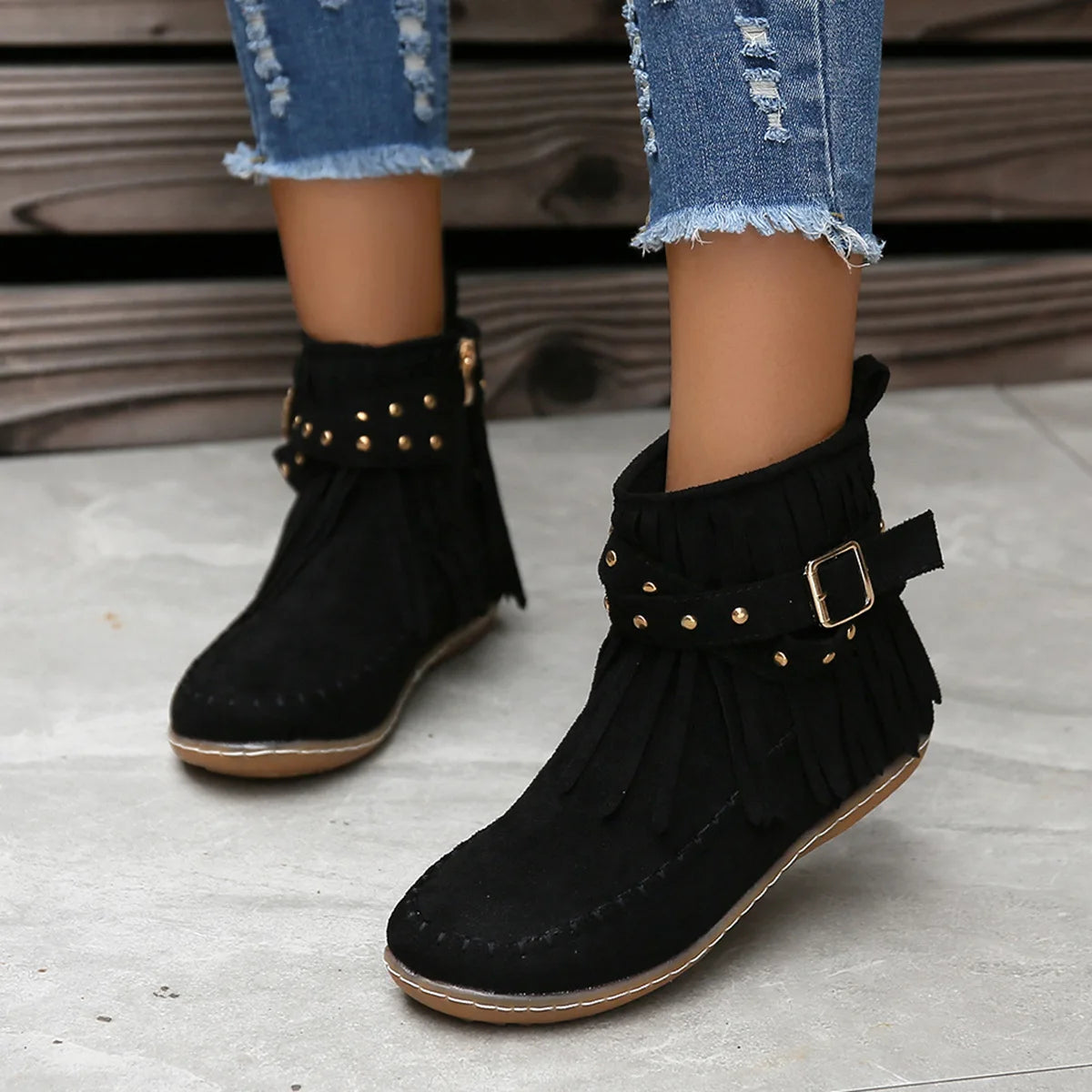 Botines Autumn Women Shoes Flat Heel Ankle Boots Retro Suede Tassel Women Boots Fashion Round Toe Soft Sole Short Boots Casual