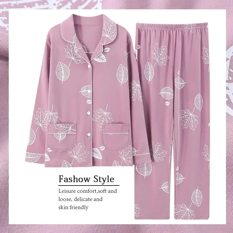 Ladies 100% Pure Cotton Long Sleeve Spring Autumn Lightweight Full Cotton Set Cardigan Sleepwear for Middle-Aged Mothers