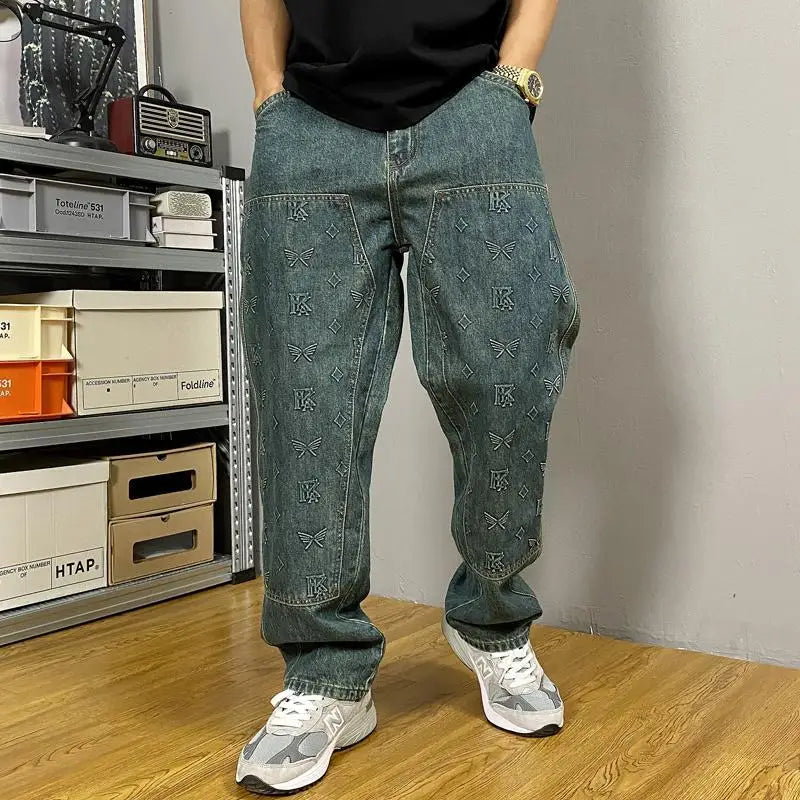 Embossed Trendy Workwear Jeans Men's Loose Straight Leg Retro Washed Trendy Casual Pants