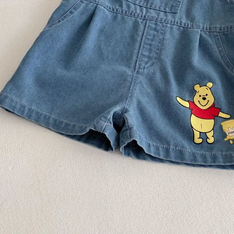 Baby Cartoon 2pcs Set for Summer Winnie Bear Short Sleeve T-shirt Loose Denim Straps Shorts Girl and Boy Clothes Set