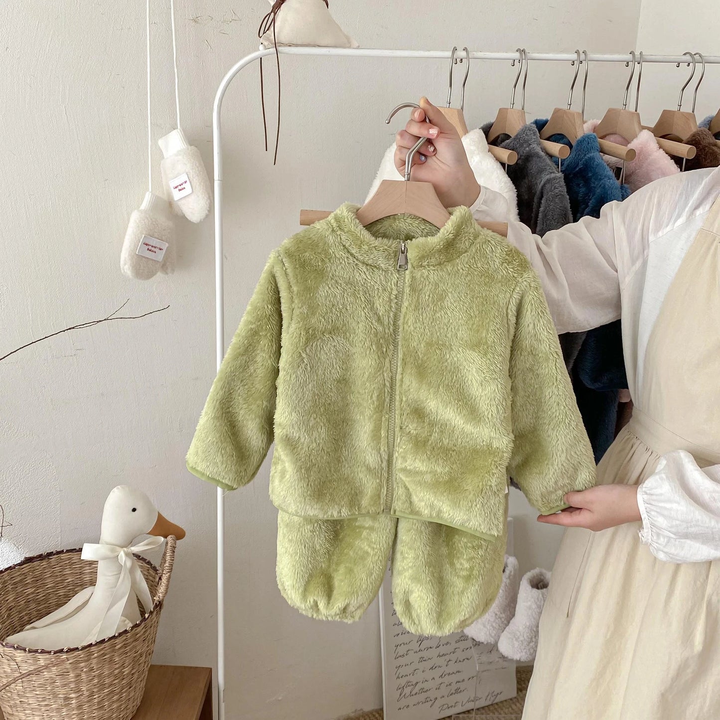 Korean Style Solid Color Baby Fleece Set Winter Soft Loungewear 2Piece Long Sleeve Top + Soft Pants For 9M-6Y Boys Girls Clothes