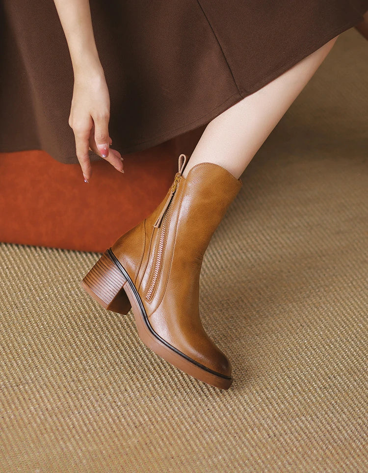 Women's Boots 2025 Spring and Autumn New Chelsea Boots Thick Heel Brown Short Leather Shoes for Women High Heels platform shoes