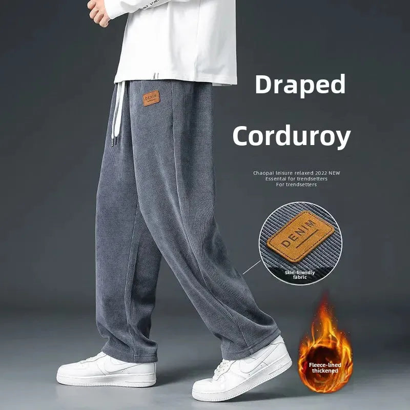 Trendy Corduroy Men's Pants Casual Fleece-Lined Loose-Fit Straight-Legged Sweatpants Autumn Winter High-Quality Foreign Trade
