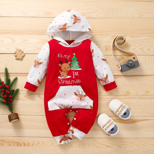 Unisex Baby Christmas Printed Romper Long Sleeve Hooded Jumpsuit with Front Pocket