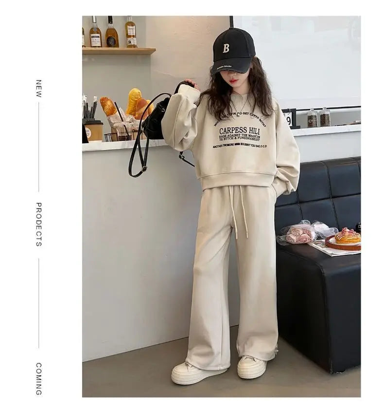 2025 autumn winter kids Girls Clothes Suit Child letters sweatshirt crop top + wide leg pant Tracksuit 4 5 6 7 8 9 10 11 12 year