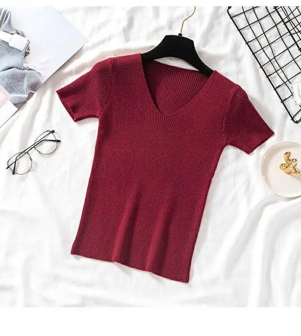2026 Basic V-neck Solid Thin Summer Women Pullover Female Knitted Ribbed Sweater Slim Short Sleeve Bodycon Sweater