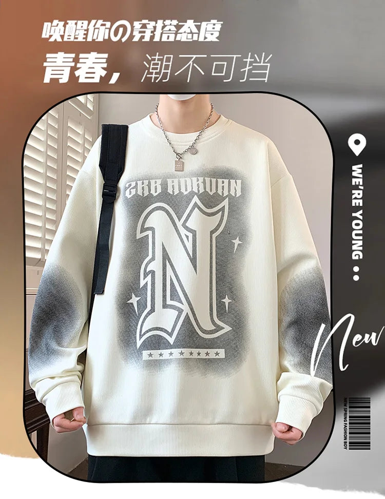 Trendy Men's Hoodie Fashionable Round-Neck Loose Casual Sweatshirt for Spring and Autumn Comfortable Youthful and Dynamic Top