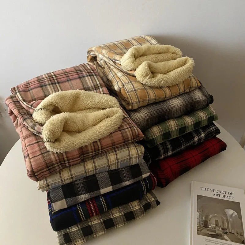 High Waist Straight Leg Pants Women's Autumn Winter Thickened Fleece Lamb Velvet Plaid Pants Loose Wide Leg Casual Trousers