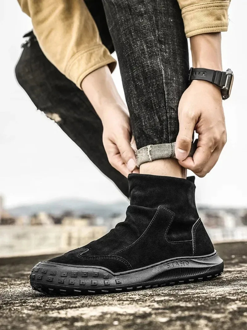 Boots for Men Retro Side Zipper Men's Ankle Boot Pleated Designer Men Boots  Outdoor Non Slip Workwear Booties Botas Para Hombre