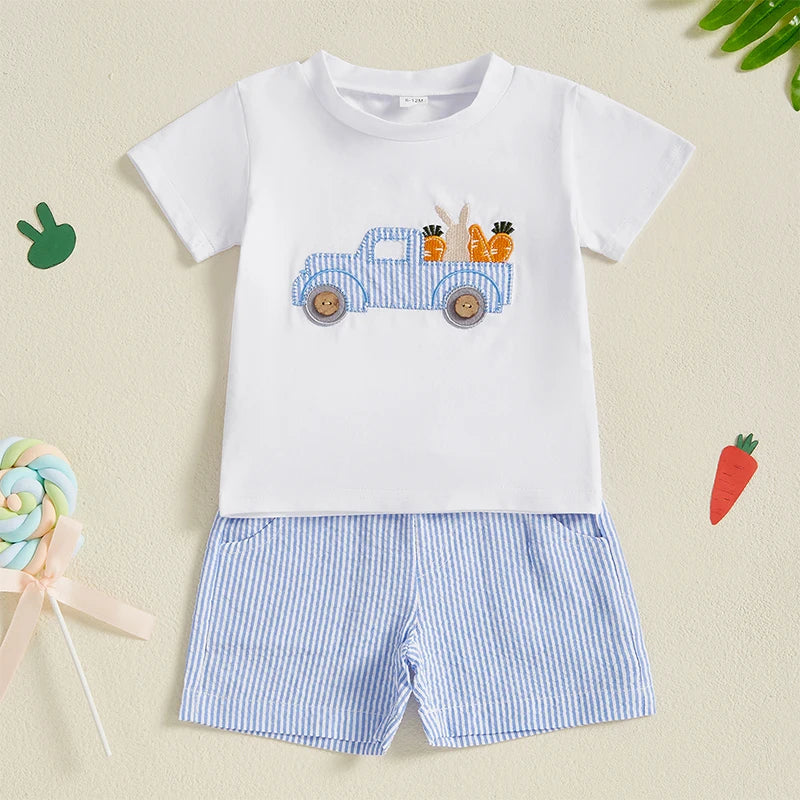 2Pcs Baby Boy Easter Outfits Short Sleeve Truck Embroidery T-Shirt Shorts Set Toddler Clothes