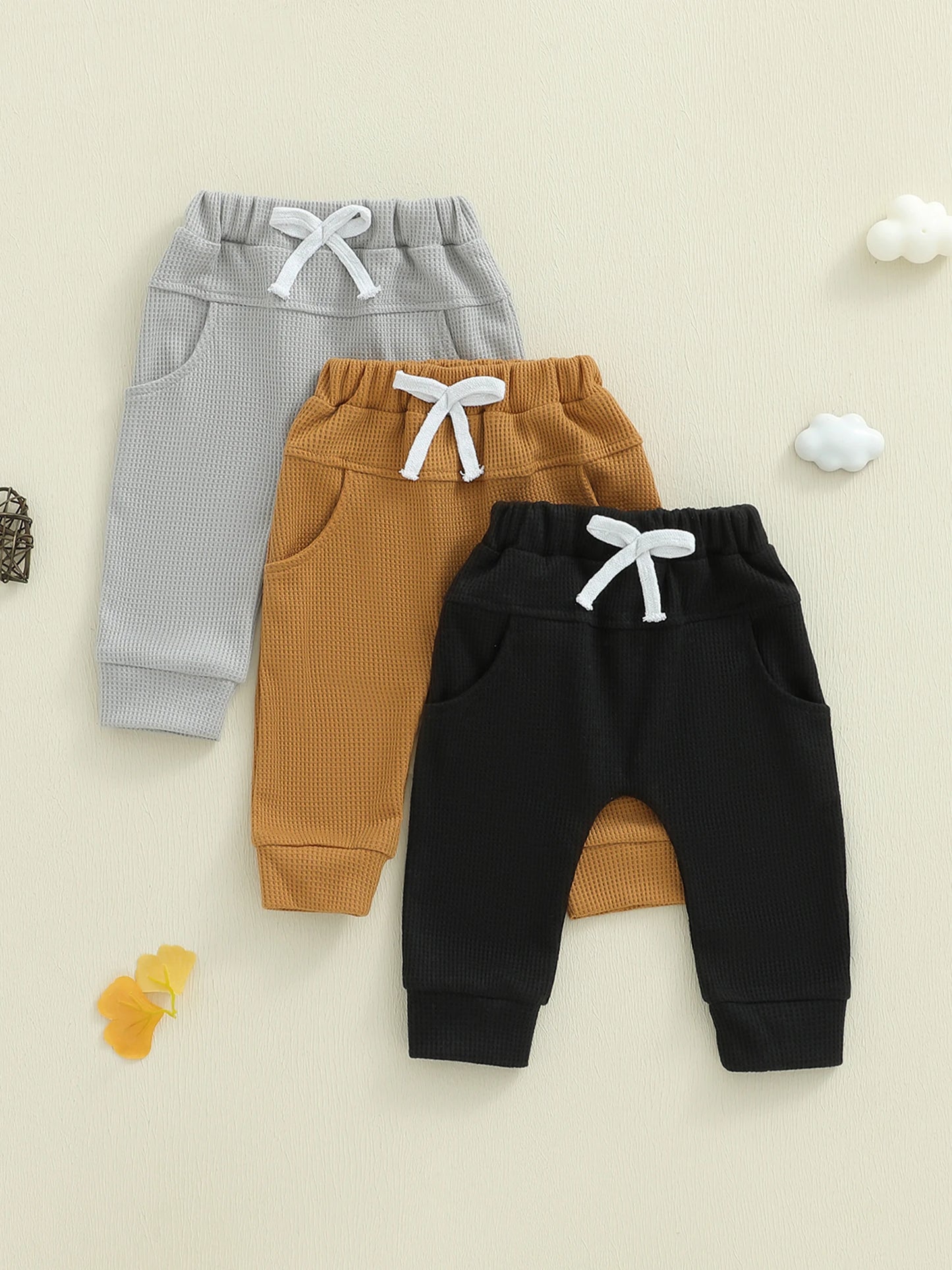 3 Pack Waffle Texture Casual Pants Soft Solid Color Elastic Waistband Toddler Boys Trousers