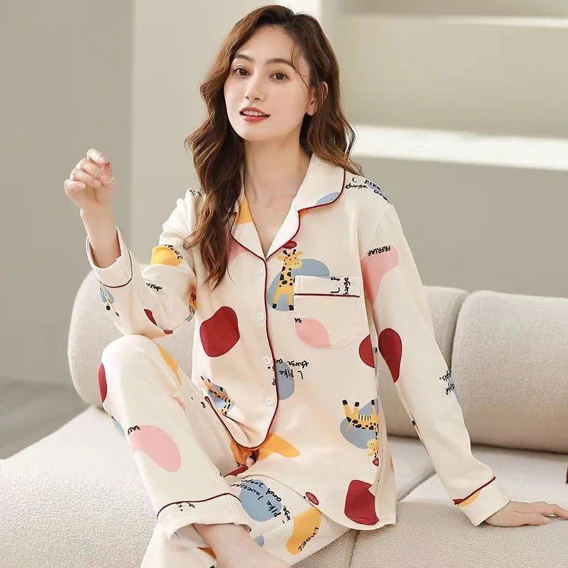 Antibacterial Pure Cotton Sleepwear Set for Women Loose Long Sleeve Home Clothes Cardigan Pants Fashionable Korean Style