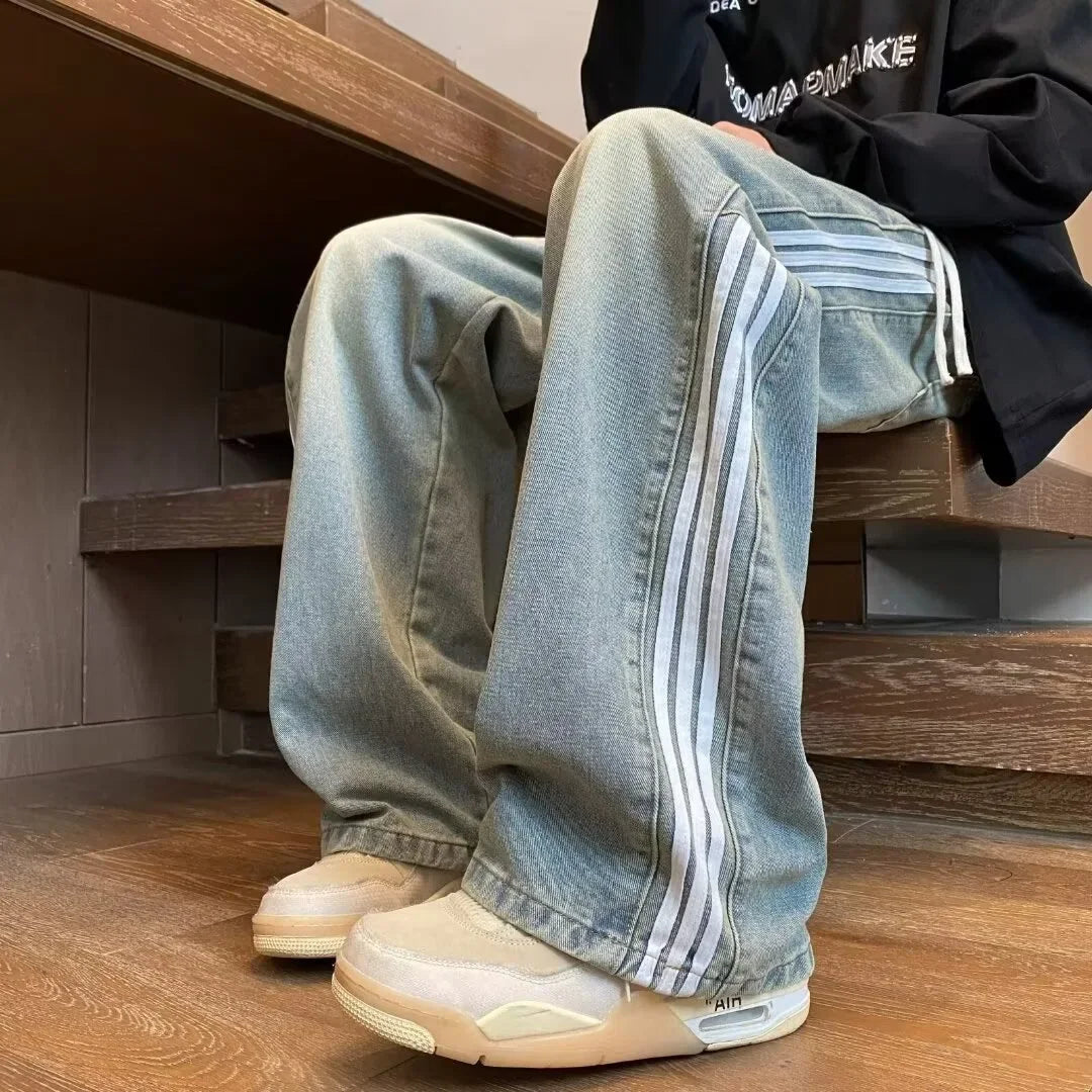 American Style Retro Men's Straight Leg Jeans Spring Autumn Trendy High Street Loose Wide Leg Long Pants Water Washed