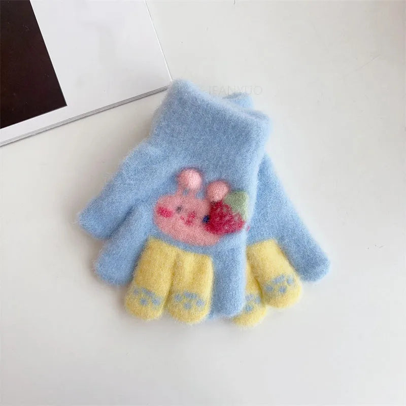 3-6Ages Children's Cute Strawberry Rabbit Kids Warm Gloves Autumn Winter Baby Boys Girls Five Finger Mittens Kindergarten Glove