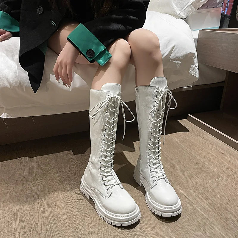 Long boots for women  spring 2025 new white thick soled long boots with thick legs and high waisted straps