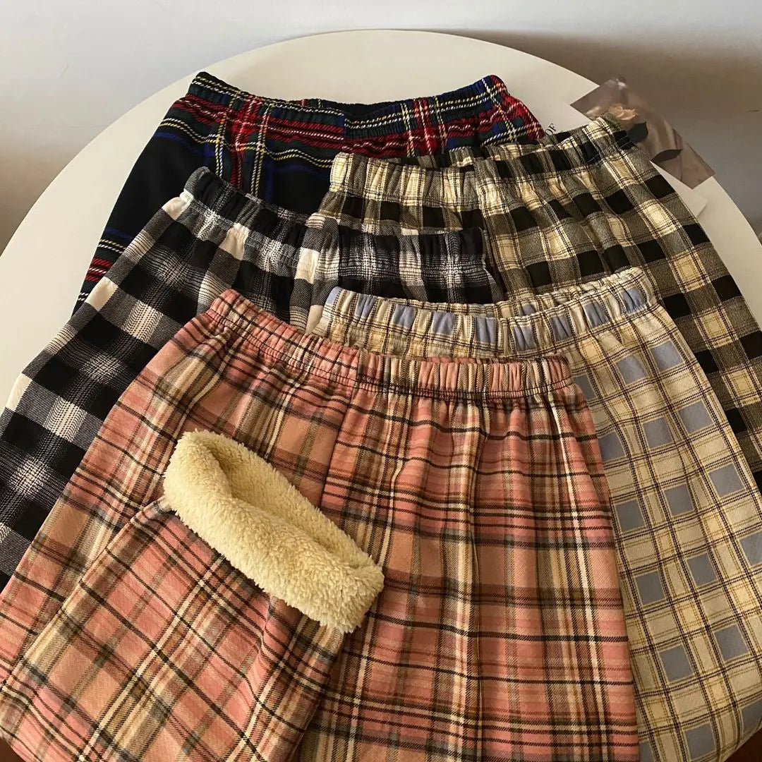 High Waist Straight Leg Pants Women's Autumn Winter Thickened Fleece Lamb Velvet Plaid Pants Loose Wide Leg Casual Trousers