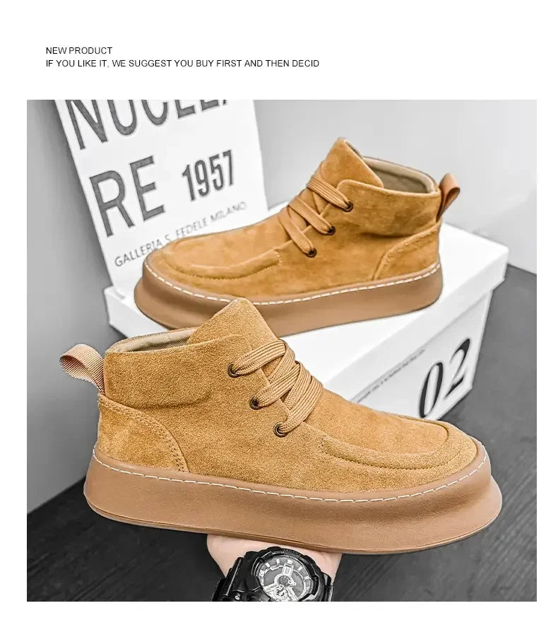 Men's High-top Boots in Solid Colors Flat Heels and Lace-up A Trendy Brand Design for The Four Seasons Fashion Walking Boots