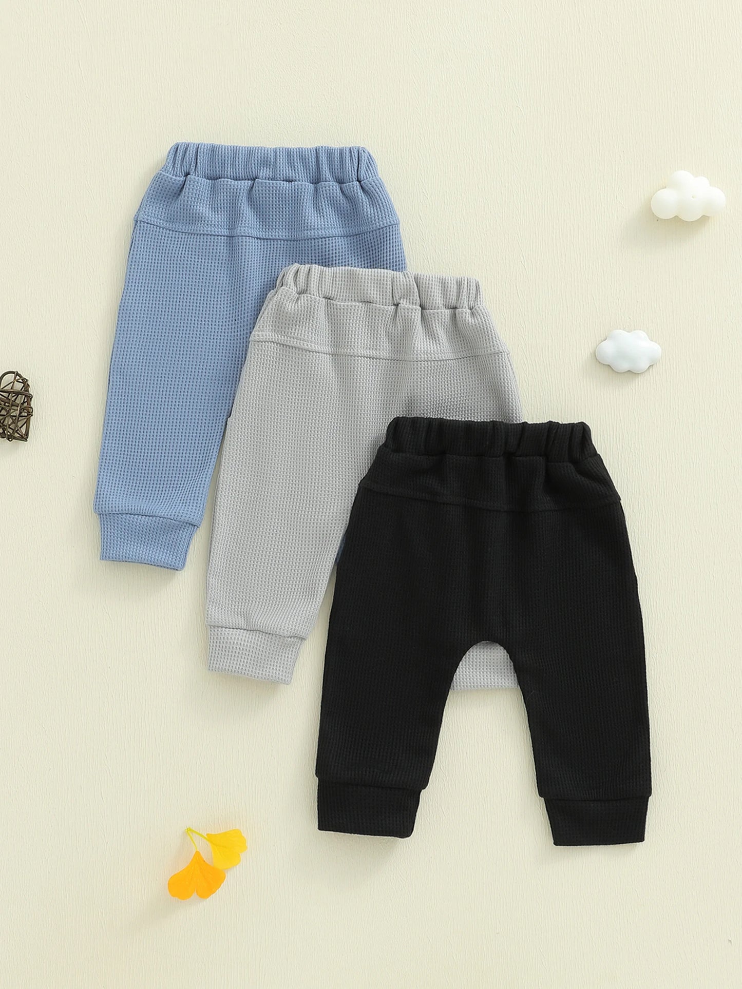 3 Pack Waffle Texture Casual Pants Soft Solid Color Elastic Waistband Toddler Boys Trousers