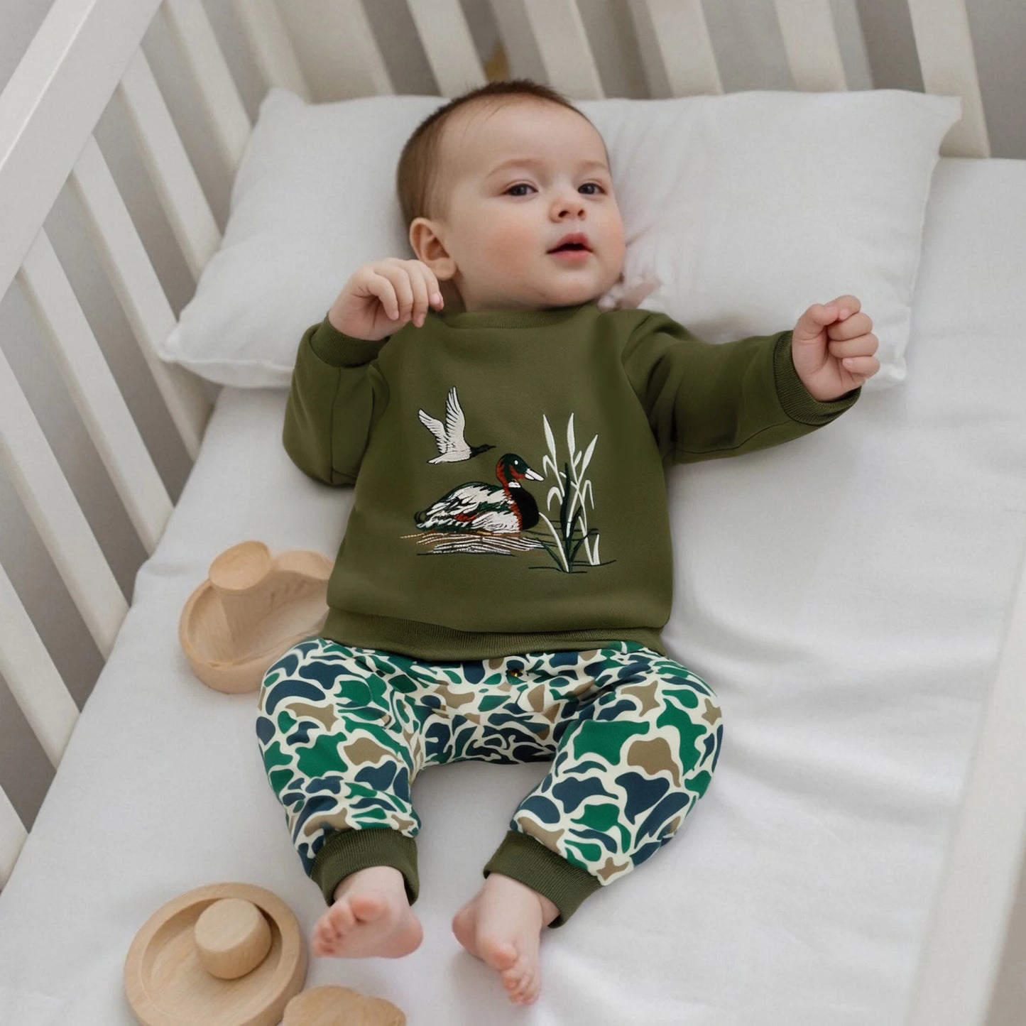 FOCUSNORM 0-4Y Casual Kids Boys Fall Clothes Sets Duck Embroidery Long Sleeve Round Neck Pullover + Camouflage Pants