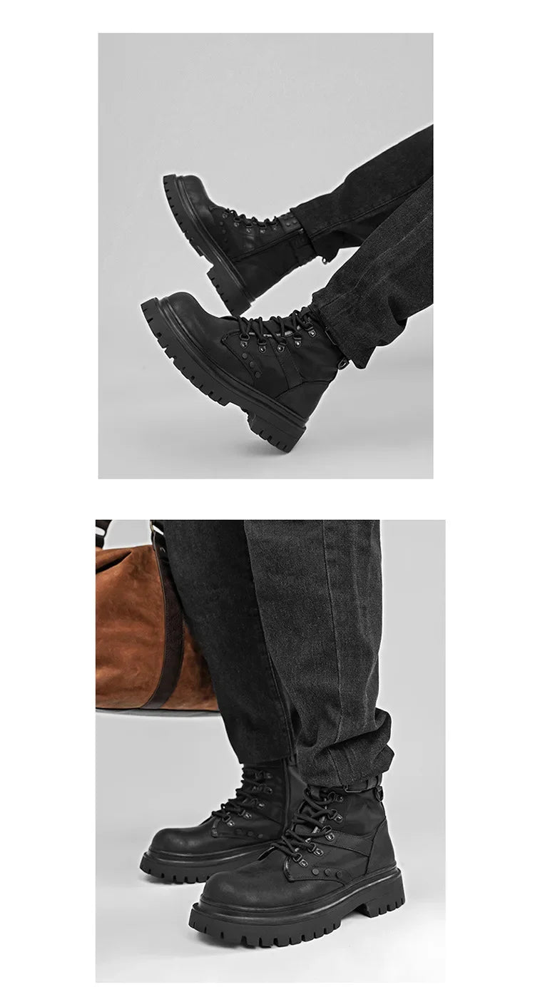 Men's High-Top Boots Retro British Style Black Tooling  Boots Fad Belt Buckle Designer Motorcycle Boot Man Casual Platform Boots