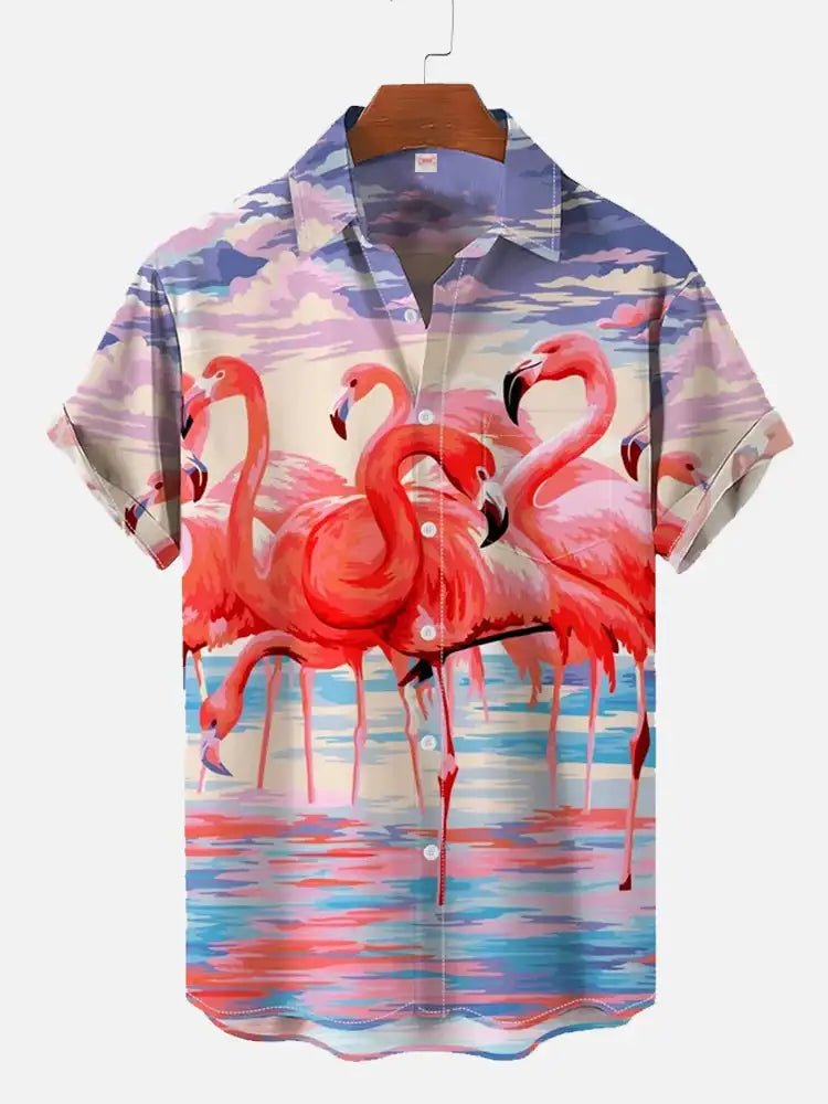 Summer Flamingo Print Shirts Casual Polo Collar Men's Shirt Fashion Animal Print Shirt Hawaiian Beach Style Shirt 3D Print Shirt