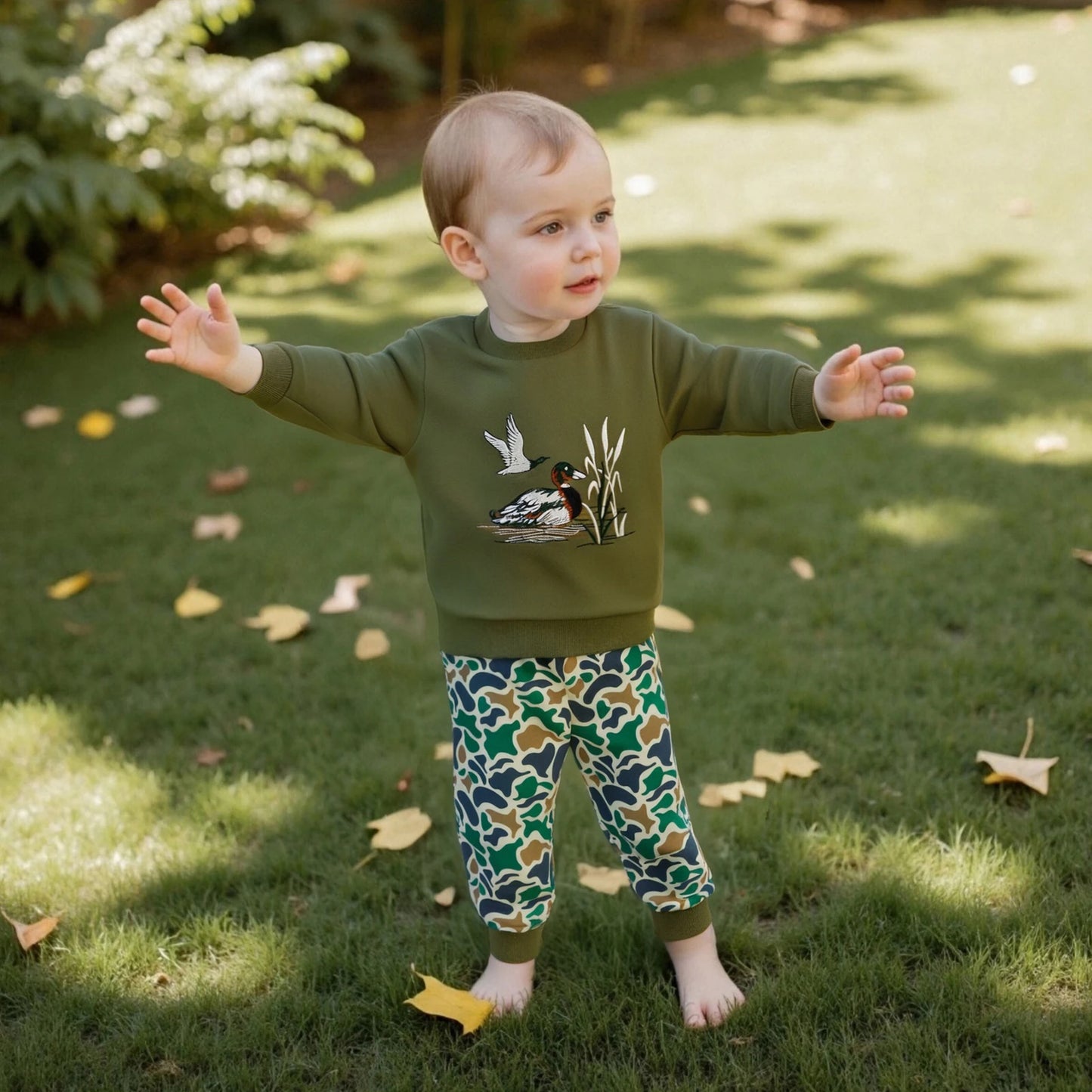 FOCUSNORM 0-4Y Casual Kids Boys Fall Clothes Sets Duck Embroidery Long Sleeve Round Neck Pullover + Camouflage Pants