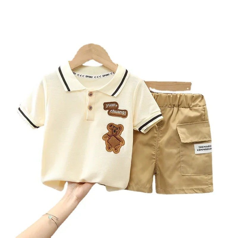 2024 Summer Baby Boy Clothing Sets Fashion Bear Embroidery Short Sleeve T-shirt+Shorts Children 2Pcs Suit Girl Kids Sports Set
