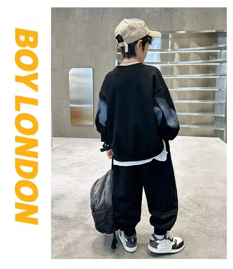 2025  winter autumn Boys Clothes Set cotton loose Sweatshirt hooded + Pants Tracksuits Kids Suit Children 4 8 9 10 11 12 14 Year