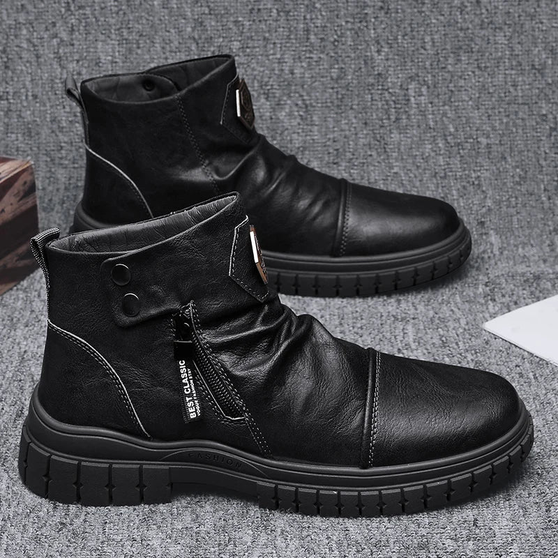 Fashion Mens Ankle Boots British Style High Top Casual Shoes Outdoor Walking Shoes Non-slip Work Boots Comfortable Leather Boots