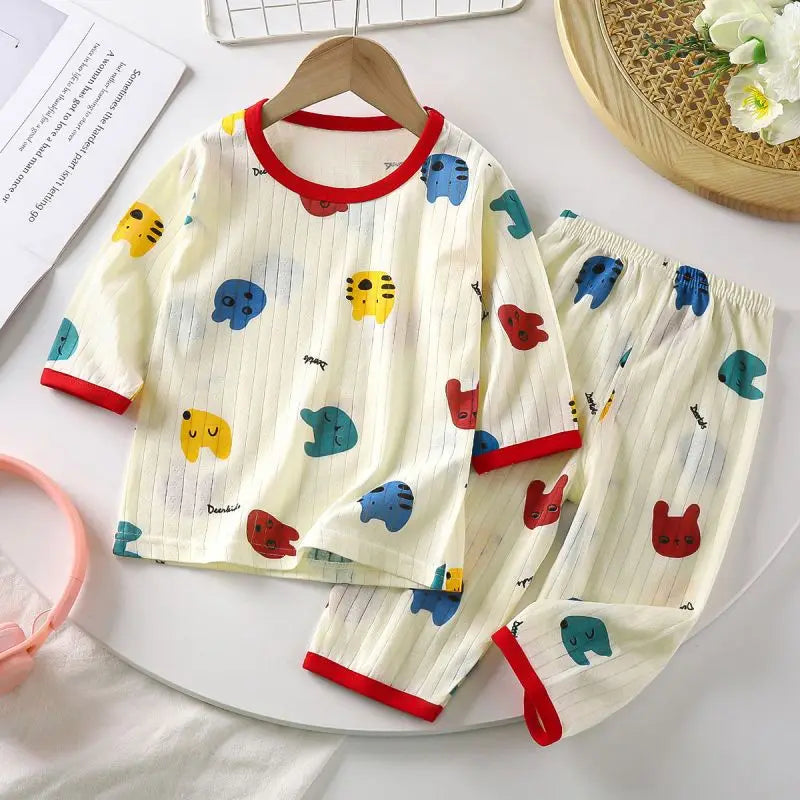 Babies Cartoon Sleepwear 2pcs Summer Wear Thin Soft Loose Home Clothes Sets Infant Girls Seven-point Sleeve Tops Pajama Pants